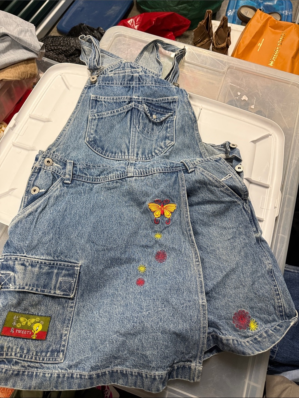Denim Overall Skirt with Embroidered Butterfly - Blue